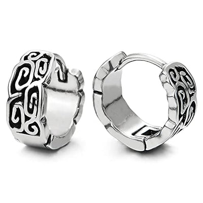 Pair Vintage Steel Huggie Hinged Hoop Earrings with Swirl Tribal Tattoo Pattern Unisex Men Women - COOLSTEELANDBEYOND Jewelry