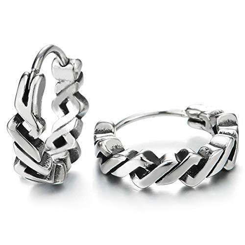 Pair Vintage Zip Zap Braided Circle Huggie Hinged Hoop Earrings Stainless Steel, Unisex Men Women - COOLSTEELANDBEYOND Jewelry