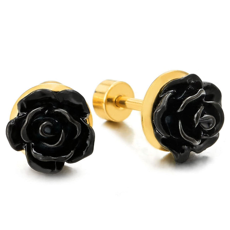 Pair Women Black Rose Flower Stud Earrings of Stainless Steel Gold Color, Screw Back, Unique - COOLSTEELANDBEYOND Jewelry