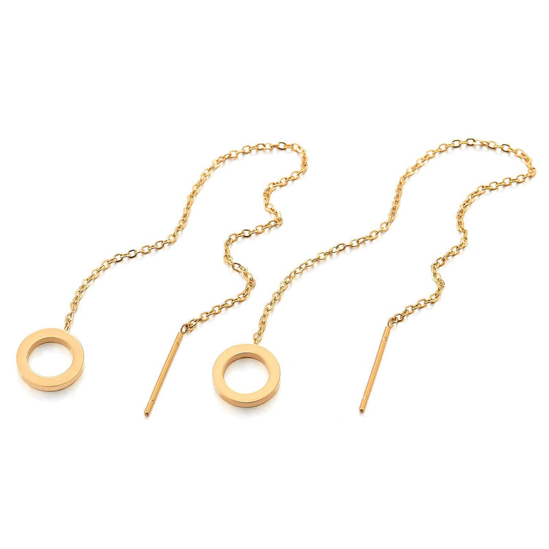 Pair Women Gold Color Stainless Steel Stud Earrings with Extra Long Chain Dangling Open Circle - COOLSTEELANDBEYOND Jewelry