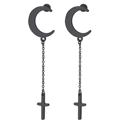 Pair Women Stainless Steel Black Crescent Moon Stud Earrings with Long Chain Dangling Cross Polished - COOLSTEELANDBEYOND Jewelry