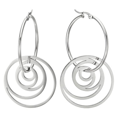 Pair Women Stainless Steel Huggie Hinged Hoop Earrings with Dangling Swirl Circle - COOLSTEELANDBEYOND Jewelry