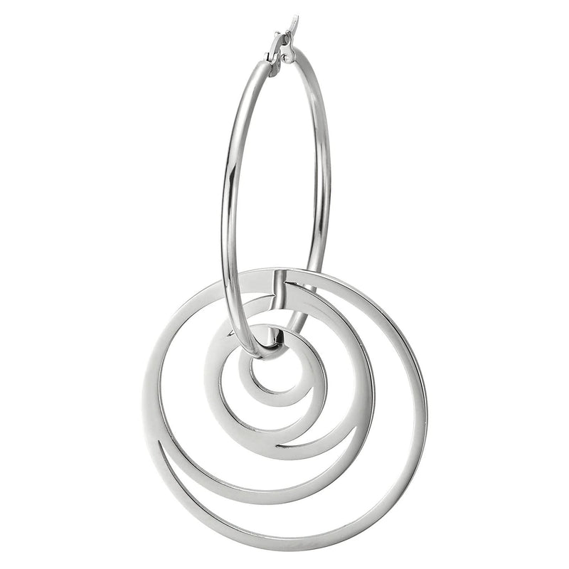 Pair Women Stainless Steel Huggie Hinged Hoop Earrings with Dangling Swirl Circle - COOLSTEELANDBEYOND Jewelry