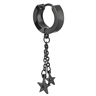 Pair Women Steel Black Huggie Hinged Hoop Earrings with Two Dangling Chain and Stars Pentagrams - COOLSTEELANDBEYOND Jewelry