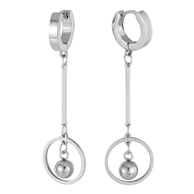 Pair Women Steel Huggie Hinged Hoop Earrings with Long Dangling Circle and Ball, New Style - COOLSTEELANDBEYOND Jewelry