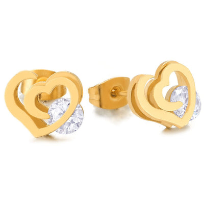 Pair Womens Gold Color Double Open Hearts Stud Earrings with Cubic Zirconia, Stainless Steel - COOLSTEELANDBEYOND Jewelry