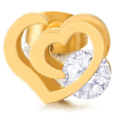 Pair Womens Gold Color Double Open Hearts Stud Earrings with Cubic Zirconia, Stainless Steel - COOLSTEELANDBEYOND Jewelry