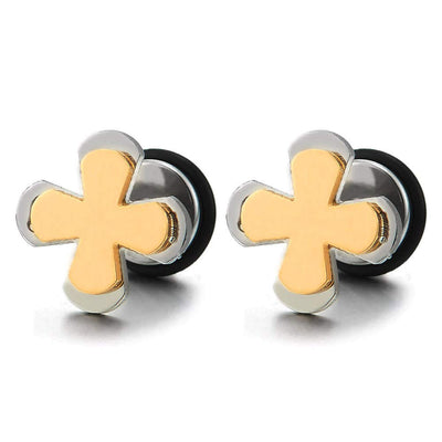 Pair Womens Mens Two-layer Stainless Steel Silver Gold Cross Stud Earrings, Screw Back, New Style - COOLSTEELANDBEYOND Jewelry