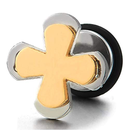 Pair Womens Mens Two-layer Stainless Steel Silver Gold Cross Stud Earrings, Screw Back, New Style - COOLSTEELANDBEYOND Jewelry