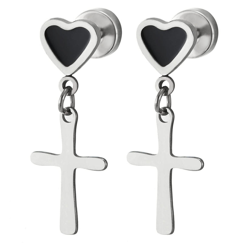 Pair Womens Screw Stud Earrings with Black Enamel Heart and Cross, Stainless Steel - COOLSTEELANDBEYOND Jewelry