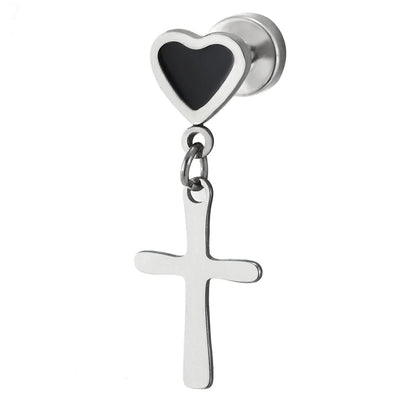 Pair Womens Screw Stud Earrings with Black Enamel Heart and Cross, Stainless Steel - COOLSTEELANDBEYOND Jewelry