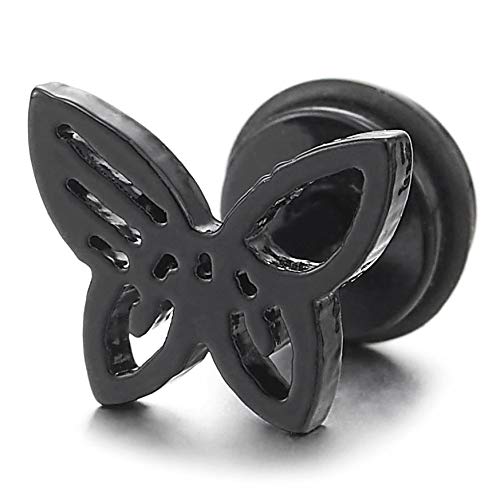 Pair Womens Stainless Steel Black Butterfly Stud Earrings, Screw Back, Exquisite - COOLSTEELANDBEYOND Jewelry