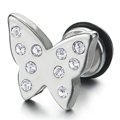 Pair Womens Stainless Steel Butterflies Stud Earrings with Cubic Zirconia, Screw Back - COOLSTEELANDBEYOND Jewelry