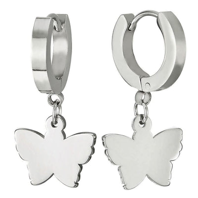 Pair Womens Stainless Steel Huggie Hinged Hoop Earrings with Dangling Butterfly - COOLSTEELANDBEYOND Jewelry