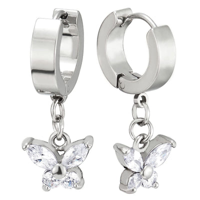 Pair Womens Stainless Steel Huggie Hinged Hoop Earrings with Dangling Cubic Zirconia Butterfly - COOLSTEELANDBEYOND Jewelry