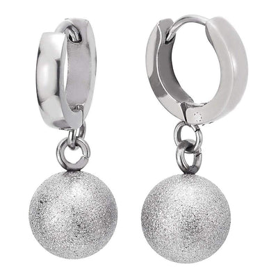 Pair Womens Stainless Steel Huggie Hinged Hoop Earrings with Dangling Satin Ball - COOLSTEELANDBEYOND Jewelry