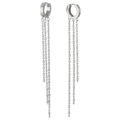 Pair Womens Stainless Steel Huggie Hinged Hoop Earrings with Three Dangling Long Chains - COOLSTEELANDBEYOND Jewelry