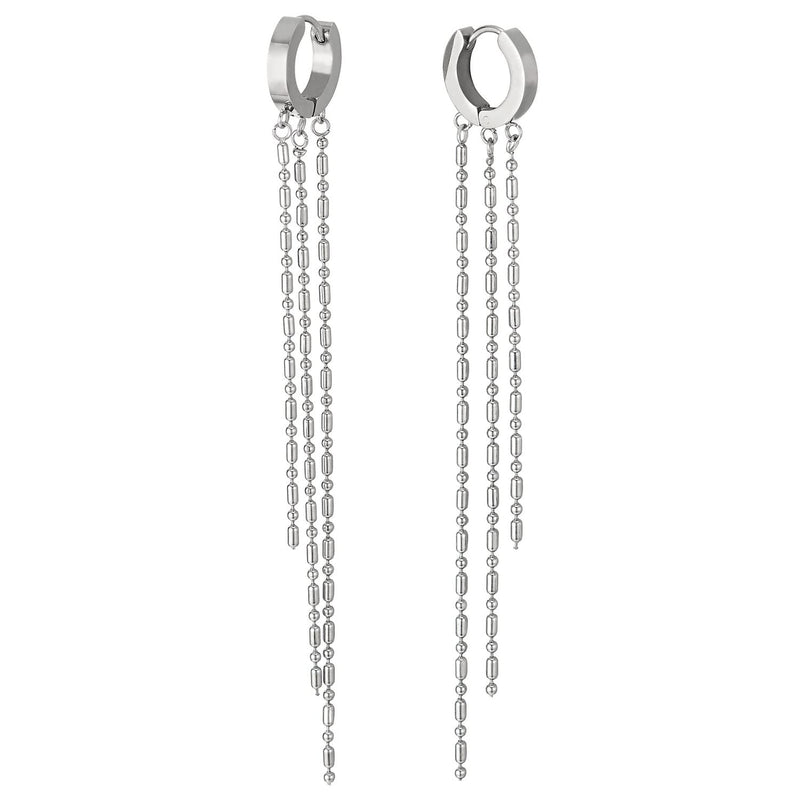 Pair Womens Stainless Steel Huggie Hinged Hoop Earrings with Three Dangling Long Chains - COOLSTEELANDBEYOND Jewelry