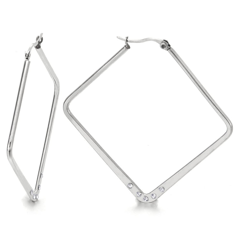 Pair Womens Stainless Steel Large Plain Square Huggie Hinged Hoop Earrings with Cubic Zirconia - COOLSTEELANDBEYOND Jewelry