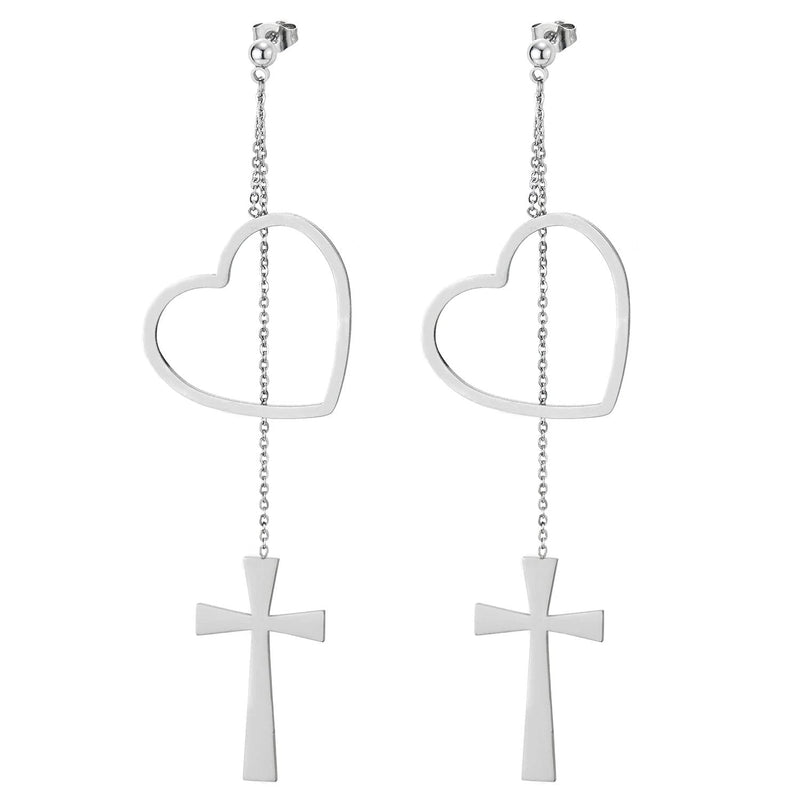 Pair Womens Stainless Steel Stud Earrings with Extra Long Chain of Cross and Dangling Open Heart - COOLSTEELANDBEYOND Jewelry