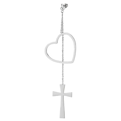 Pair Womens Stainless Steel Stud Earrings with Extra Long Chain of Cross and Dangling Open Heart - COOLSTEELANDBEYOND Jewelry