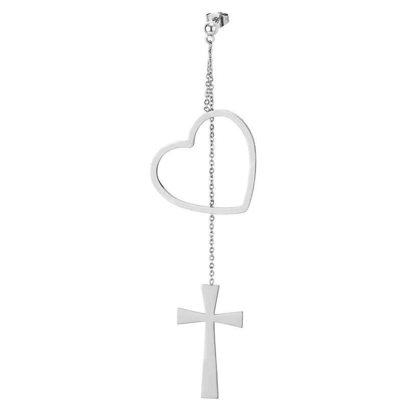 Pair Womens Stainless Steel Stud Earrings with Extra Long Chain of Cross and Dangling Open Heart - COOLSTEELANDBEYOND Jewelry