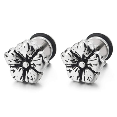 Pair Womens Vintage Puff Flower Stud Earrings of Stainless Steel, Screw Back, Unique - COOLSTEELANDBEYOND Jewelry