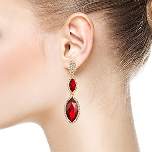 Party Prom Banquet Dress Red Marquise Crystal Navette Long Dangle Drop Gold Statement Earrings - COOLSTEELANDBEYOND Jewelry