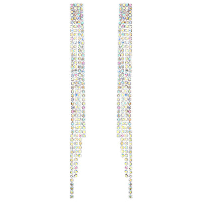 Rainbow Rhinestone Cluster Extra Long Chain Tassel Waterfall Dangle Statement Earrings, Sparkling - COOLSTEELANDBEYOND Jewelry