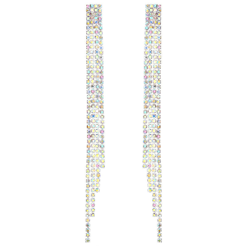 Rainbow Rhinestone Cluster Extra Long Chain Tassel Waterfall Dangle Statement Earrings, Sparkling - COOLSTEELANDBEYOND Jewelry