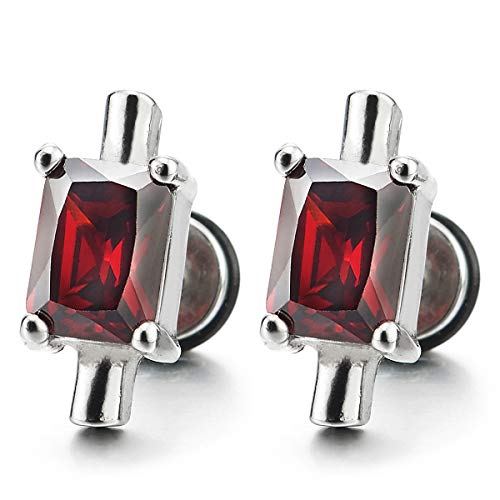 Rectangle Red Crystal Stick Bar Stud Earrings for Men and Women, Stainless Steel, Screw Back, 2pcs - coolsteelandbeyond