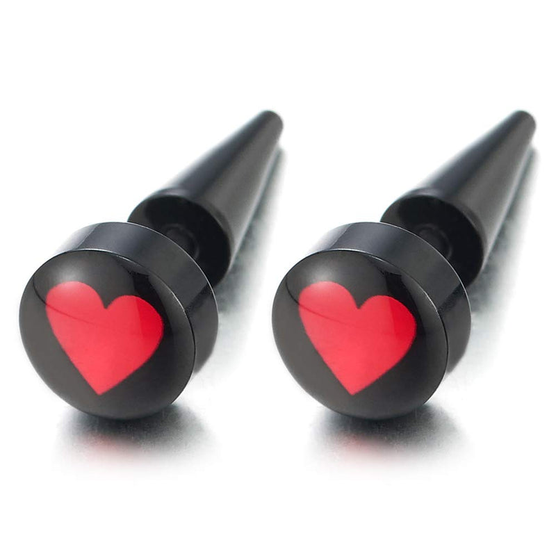 Red Heart Black Round Stud Earrings for Women, Steel Fake Ear Plugs Gauge, Spiked Screw Back - COOLSTEELANDBEYOND Jewelry