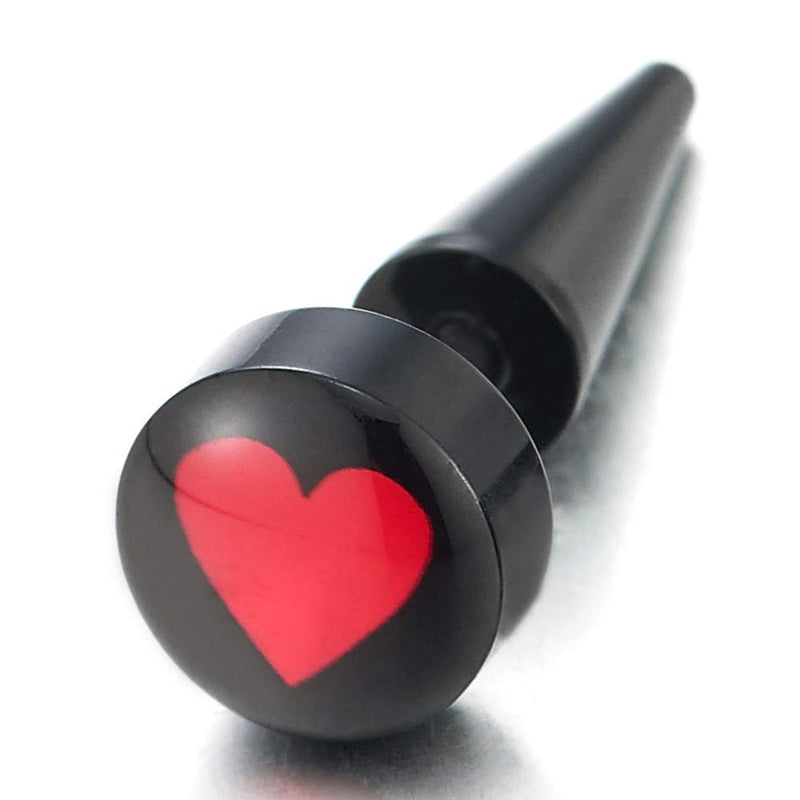 Red Heart Black Round Stud Earrings for Women, Steel Fake Ear Plugs Gauge, Spiked Screw Back - COOLSTEELANDBEYOND Jewelry