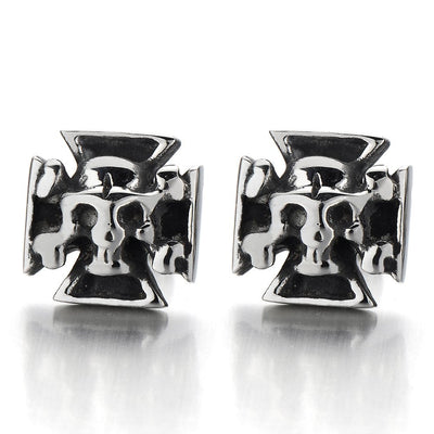 Retro Style Stainless Steel Cross Skull Stud Earrings for Men Boys, Gothic Punk Rock, 2 pcs - COOLSTEELANDBEYOND Jewelry