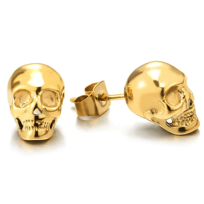 Rock Punk Gothic Small Stainless Steel Gold Color Skull Stud Earrings for Men Women, 2 pcs - COOLSTEELANDBEYOND Jewelry