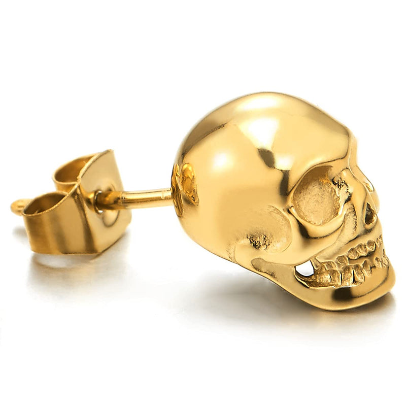 Rock Punk Gothic Small Stainless Steel Gold Color Skull Stud Earrings for Men Women, 2 pcs - COOLSTEELANDBEYOND Jewelry