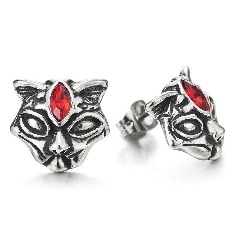 Rock Punk Men Women Stainless Steel Vintage Fox Head Stud Earrings with Red Marquise Cubic Zirconia - coolsteelandbeyond