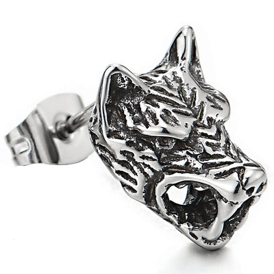 Rock Punk Mens Wolf Head Stud Earrings in Stainless Steel, 2 Pcs - COOLSTEELANDBEYOND Jewelry
