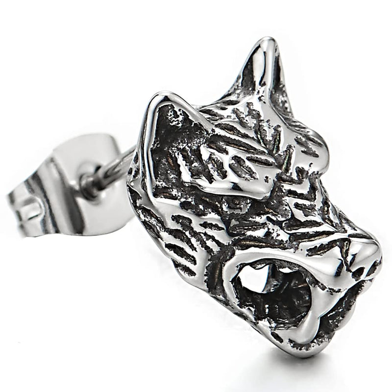 Rock Punk Mens Wolf Head Stud Earrings in Stainless Steel, 2 Pcs - COOLSTEELANDBEYOND Jewelry