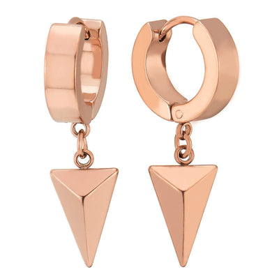 Rose Gold Dangling Triangle Pyramid Huggie Hinged Earrings for Men Women, Stainless Steel, 2pcs - COOLSTEELANDBEYOND Jewelry