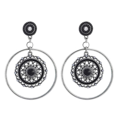 Silver Black Statement Stud Earrings Rhinestone Gem Stone Cluster Flower Circles Large Drop Bohemian - COOLSTEELANDBEYOND Jewelry