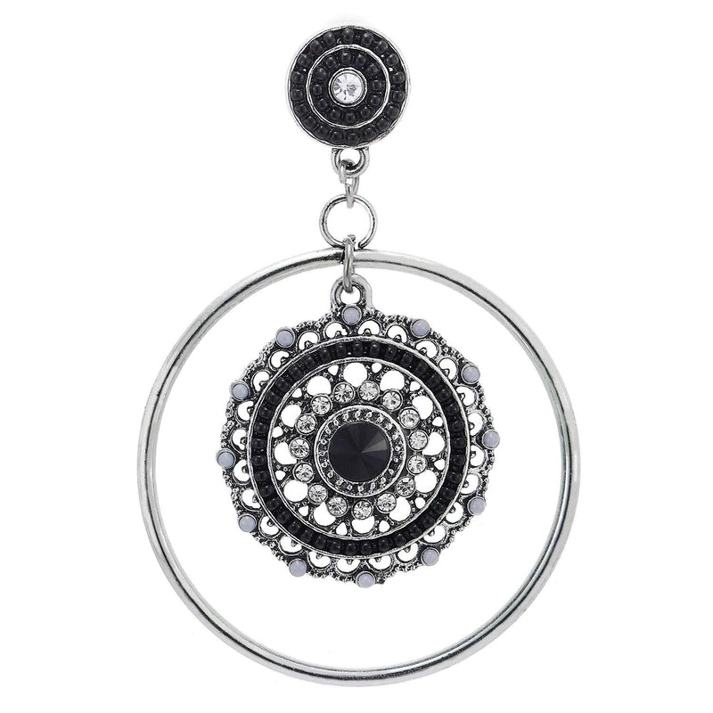 Silver Black Statement Stud Earrings Rhinestone Gem Stone Cluster Flower Circles Large Drop Bohemian - COOLSTEELANDBEYOND Jewelry