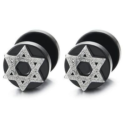 Silver Black Steel Circle Fake Plugs Ear Cheater Tunnel Gauges Ear Piercing Earrings Star-of-David - COOLSTEELANDBEYOND Jewelry