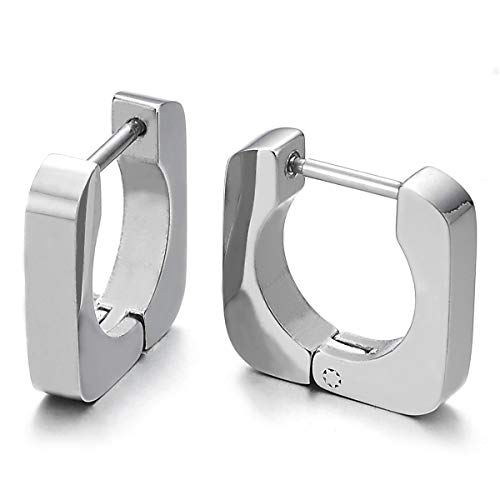 Small Plain Flat Open Square Huggie Hinged Hoop Earrings for Men Women, Stainless Steel - coolsteelandbeyond