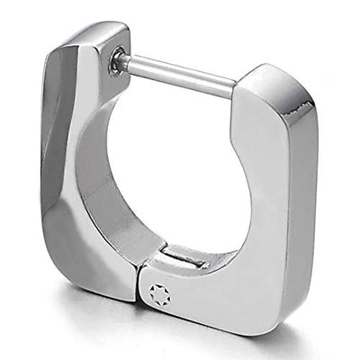 Small Plain Flat Open Square Huggie Hinged Hoop Earrings for Men Women, Stainless Steel - coolsteelandbeyond