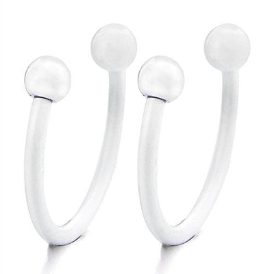 Small Stainless Steel White Bead Half Hoop Huggie Hinged Earrings for Men Women, Screw Back, 2pcs - coolsteelandbeyond