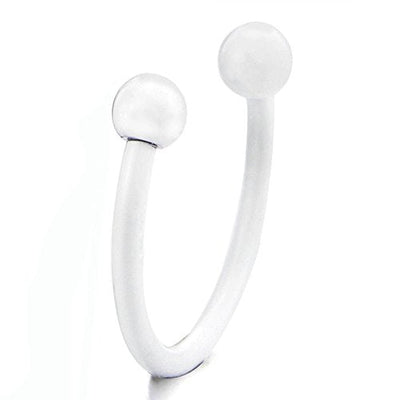 Small Stainless Steel White Bead Half Hoop Huggie Hinged Earrings for Men Women, Screw Back, 2pcs - coolsteelandbeyond