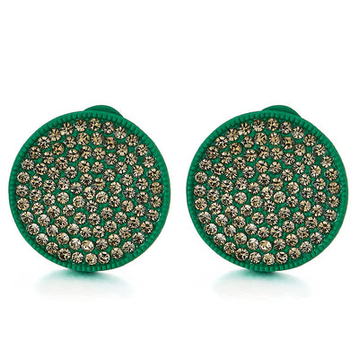 Sparkling Green Disc Circle Statement Stud Earrings with Grey Rhinestones Cluster - COOLSTEELANDBEYOND Jewelry