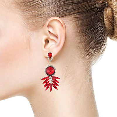 Sparkling Red Crystal Rhinestones Cluster Leaf Chandelier Long Dangle Gold Statement Earrings, Prom - COOLSTEELANDBEYOND Jewelry