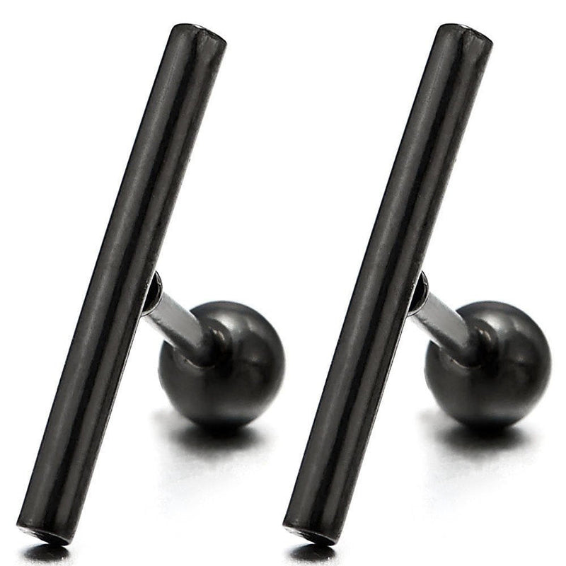 Stainless Steel Black Cylinder Bar Stud Earrings for Men and Women, Screw Back, 2pcs - COOLSTEELANDBEYOND Jewelry